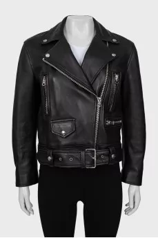 Leather jacket with bias closure