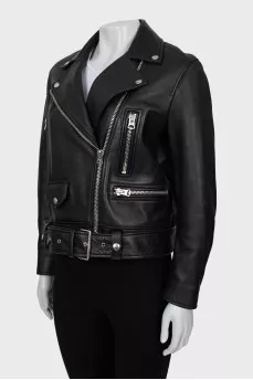Leather jacket with bias closure