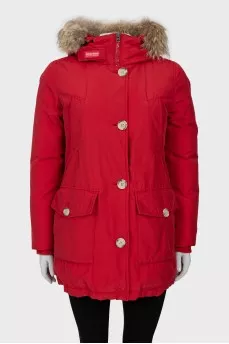Red parka with fur hood