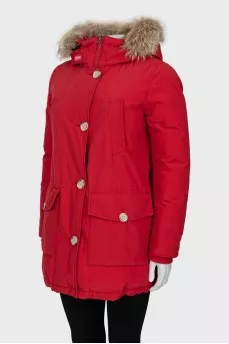 Red parka with fur hood