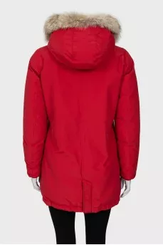 Red parka with fur hood