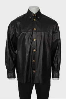 Men's leather shirt with gold buttons