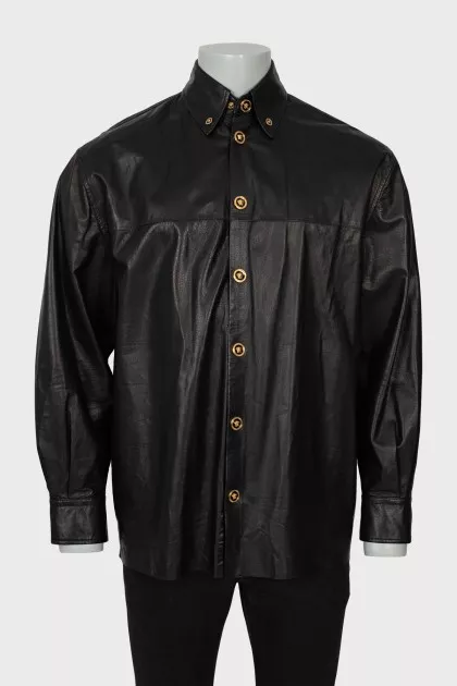 Men's leather shirt with gold buttons