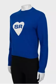 Knitted blue sweater with ribbed print