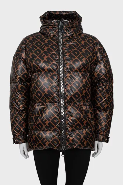 Brown down jacket with text print