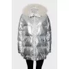 Silver down jacket with fur on the hood