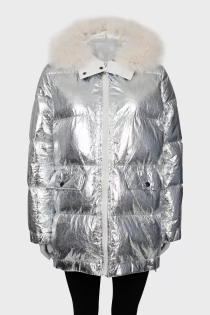 Silver down jacket with fur on the hood