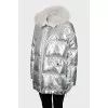 Silver down jacket with fur on the hood
