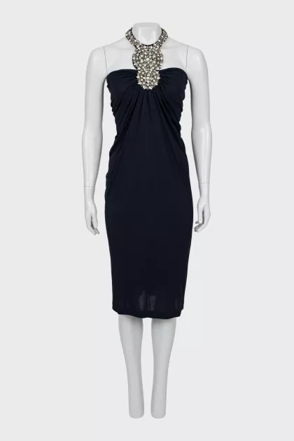 Dark blue dress decorated with rhinestones