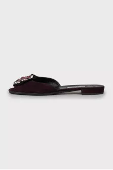 Suede slippers decorated with rhinestones