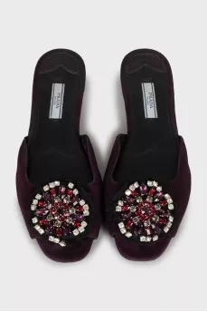 Suede slippers decorated with rhinestones