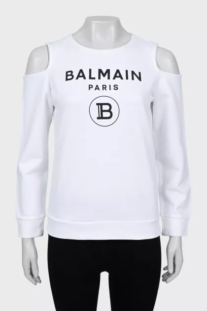 White sweatshirt with brand logo