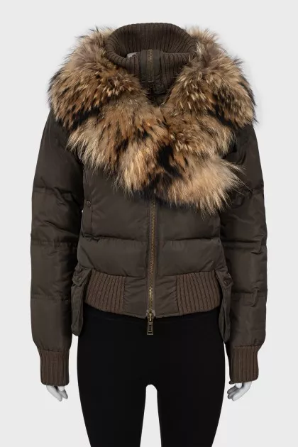 Dark green down jacket with fur hood