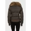 Dark green down jacket with fur hood