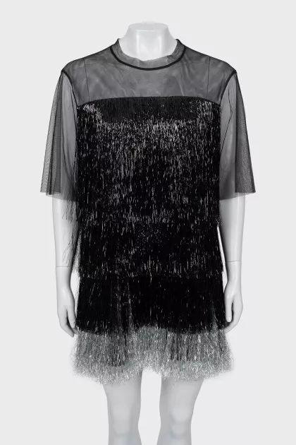 Mini dress with fringe and mesh