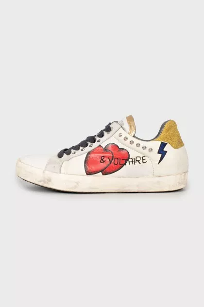 Leather sneakers with print and studs