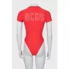 Red bodysuit with zipper and tag
