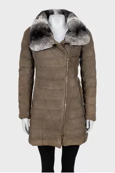 Suede down jacket with fur collar