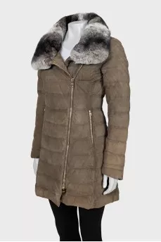 Suede down jacket with fur collar