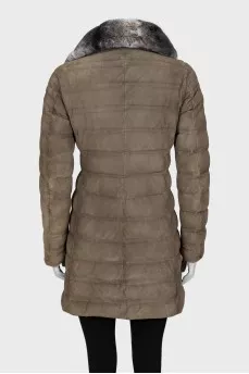 Suede down jacket with fur collar