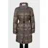 Quilted brown down jacket with belt