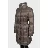 Quilted brown down jacket with belt