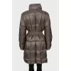 Quilted brown down jacket with belt