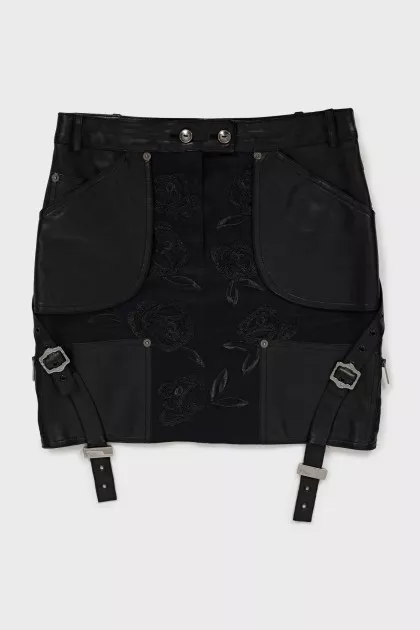 Denim skirt with leather inserts