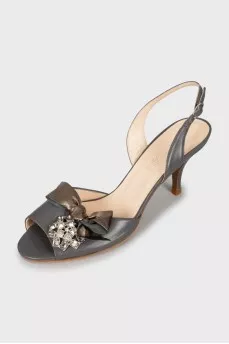 Gray leather sandals with decor