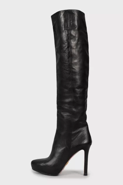 Black leather high heel boots