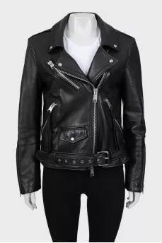 Leather jacket with bias closure