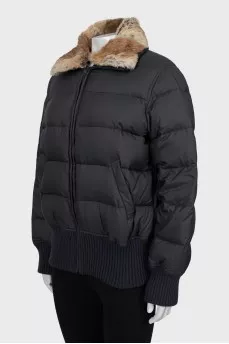 Gray down jacket with fur collar