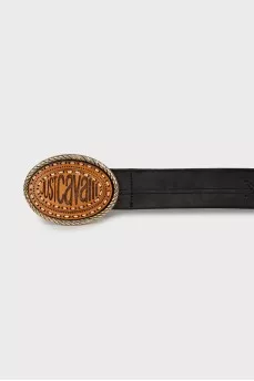 Men's leather belt with wooden buckle