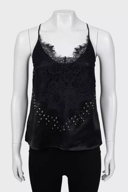 Silk tank top with lace and rhinestones