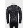 Men's windbreaker with leather collar and tag