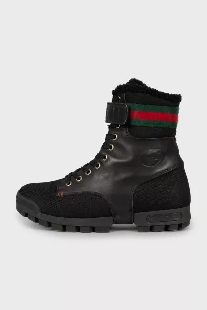Black leather and textile boots