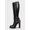 Black Leather Block Heel Boots