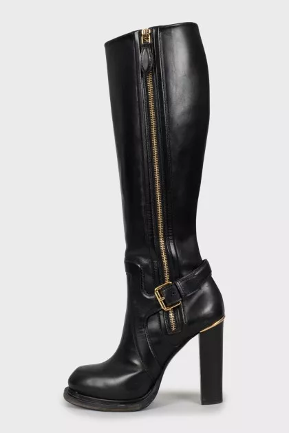 Black Leather Block Heel Boots