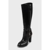 Black Leather Block Heel Boots