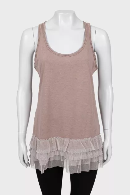 Beige tank with mesh ruffles