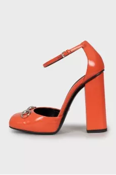 Orange leather block heels