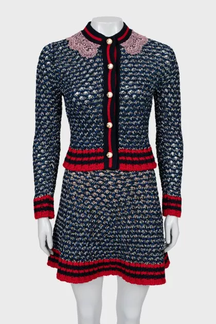 Knitted suit with cardigan and skirt