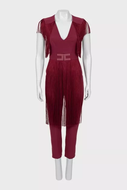 Burgundy jumpsuit with fringe
