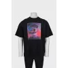 Men's black T-shirt with print and rhinestones