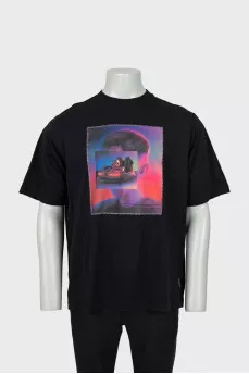 Men's black T-shirt with print and rhinestones