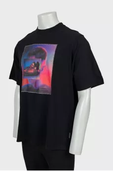 Men's black T-shirt with print and rhinestones