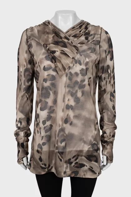 Animal print blouse with hood