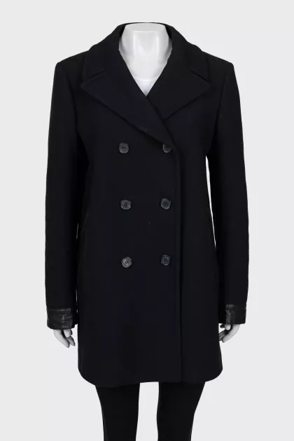 Wool coat with leather inserts