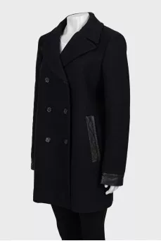 Wool coat with leather inserts