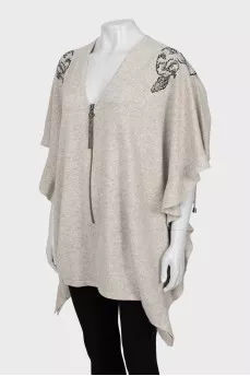 Cashmere cape decorated with rhinestones